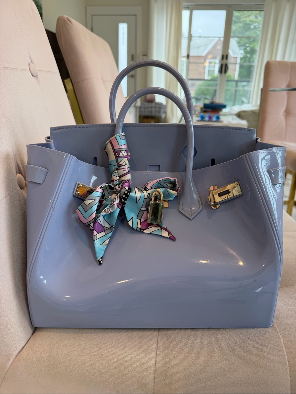 Lavender Waterproof Jelly Tote with Decorative Scarf, Shoulder Strap, Gold HW